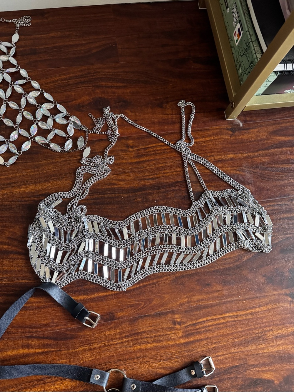 4 pc festival/rave/concert bundle: chain rhinestone tops & Leather Body Harness - Picture 4 of 6